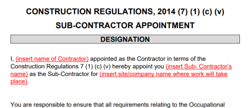 A9 Sub Contractor Appointment 7 (1) (c) (v)